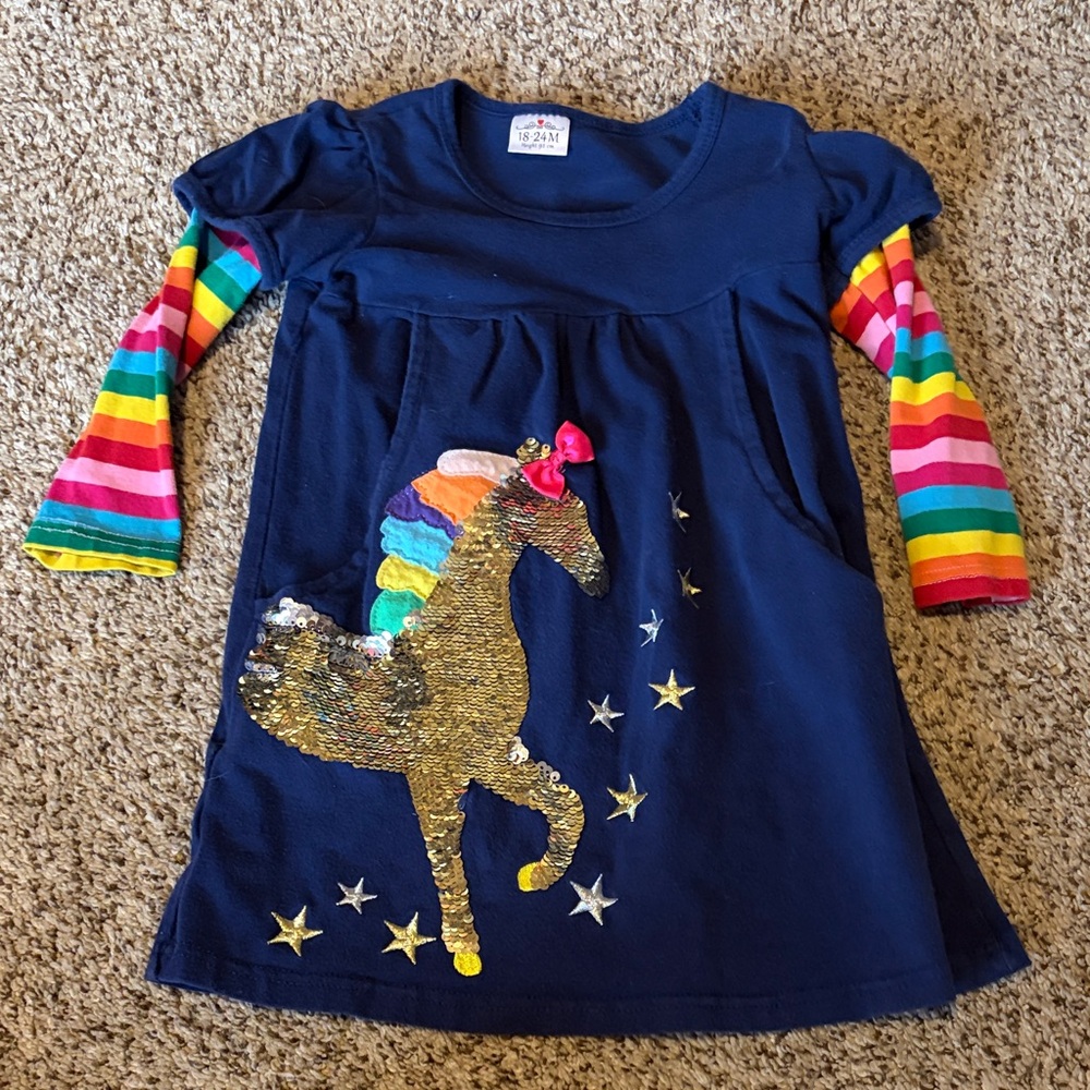 Colorful Striped Sleeve Dress with Sequin Horse